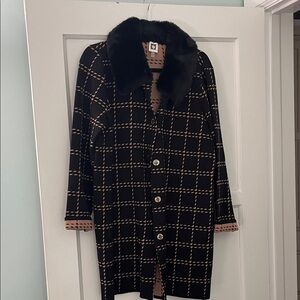 Anne Klein Black Windowpane Coat with Faux Fur Collar